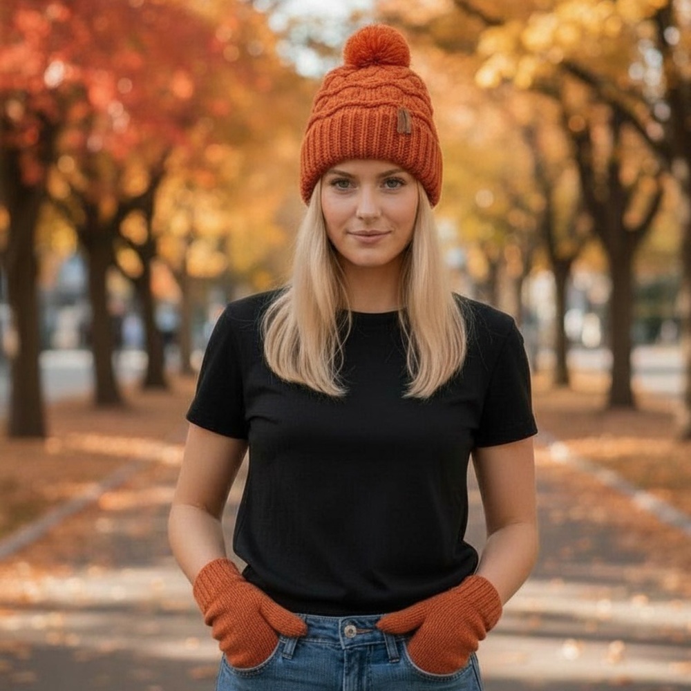 Cozy Orange Knit Hat and Mittens Set - Picture 1 of 7